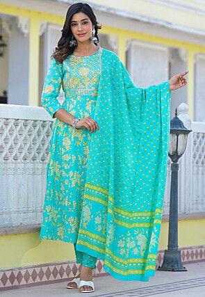 Printed Pure Cotton Anarkali Suit in Turquoise