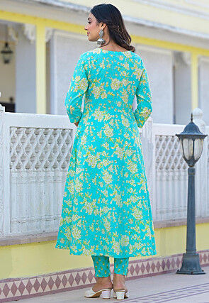 Printed Pure Cotton Anarkali Suit in Turquoise