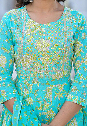 Printed Pure Cotton Anarkali Suit in Turquoise