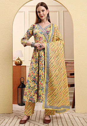 Printed Pure Cotton Anarkali Suit in Yellow