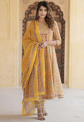 Printed Pure Cotton Anarkali Suit in Yellow