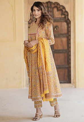 Printed Pure Cotton Anarkali Suit in Yellow