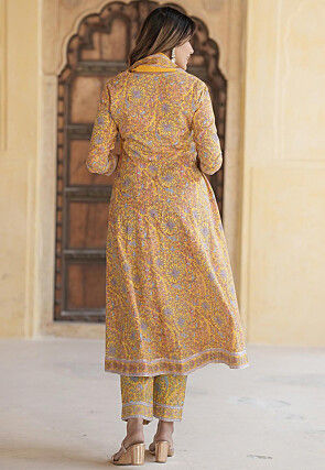 Printed Pure Cotton Anarkali Suit in Yellow