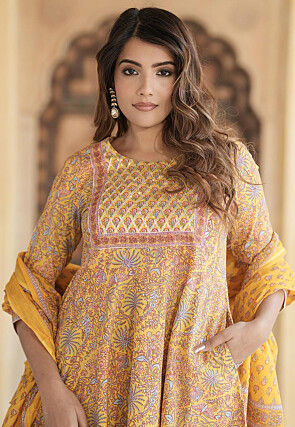 Printed Pure Cotton Anarkali Suit in Yellow