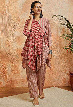 Printed Pure Cotton Asymmetric Co Ord Set in Red and Light Beige