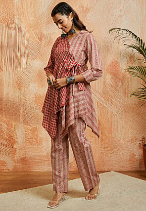 Printed Pure Cotton Asymmetric Co Ord Set in Red and Light Beige