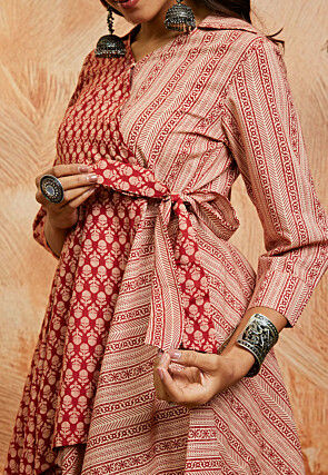 Printed Pure Cotton Asymmetric Co Ord Set in Red and Light Beige