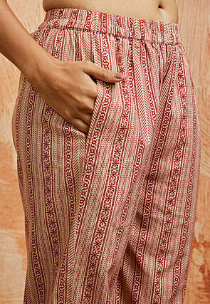 Printed Pure Cotton Asymmetric Co Ord Set in Red and Light Beige