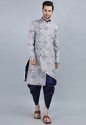 Printed Pure Cotton Asymmetric Sherwani Dhoti in White