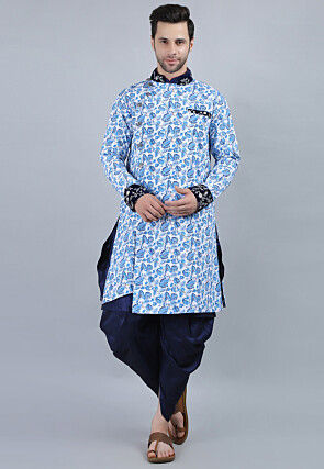 Printed Pure Cotton Asymmetric Sherwani Dhoti in White