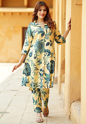 Printed Pure Cotton Co Ord Set in Beige