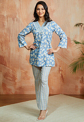 Printed Pure Cotton Co Ord Set in Blue