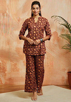 Printed Pure Cotton Co Ord Set in Brown