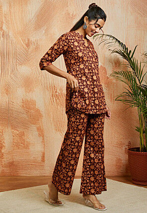 Printed Pure Cotton Co Ord Set in Brown