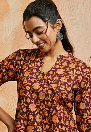 Printed Pure Cotton Co Ord Set in Brown