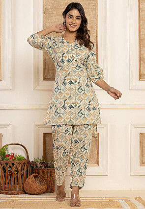 Printed Pure Cotton High Low Co Ord Set in Cream and Grey