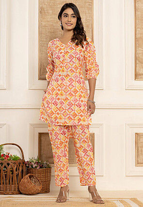 Printed Pure Cotton Co Ord Set in Cream, Orange and Pink
