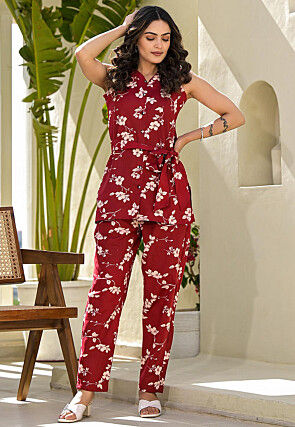 Printed Pure Cotton Co Ord Set in Maroon