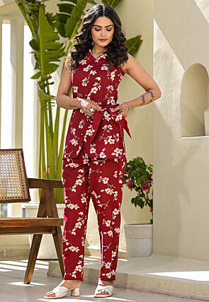Printed Pure Cotton Co Ord Set in Maroon