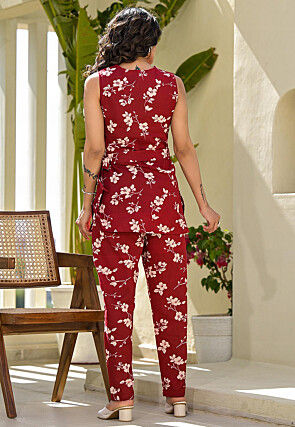 Printed Pure Cotton Co Ord Set in Maroon