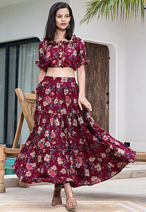 Printed Pure Cotton Co Ord Set in Maroon