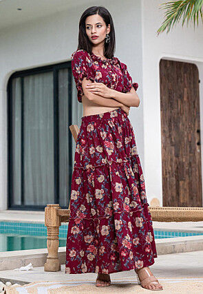 Printed Pure Cotton Co Ord Set in Maroon