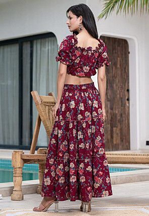 Printed Pure Cotton Co Ord Set in Maroon