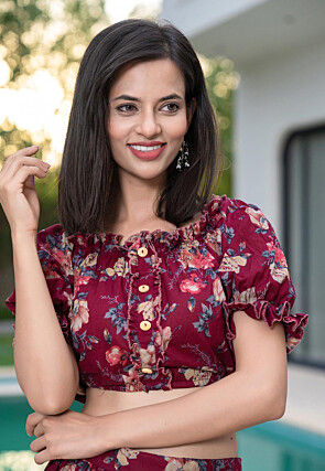 Printed Pure Cotton Co Ord Set in Maroon