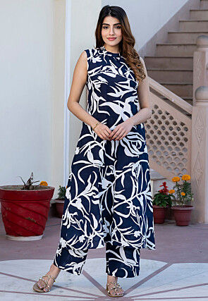 Printed Pure Cotton Co Ord Set in Navy Blue