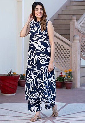 Printed Pure Cotton Co Ord Set in Navy Blue