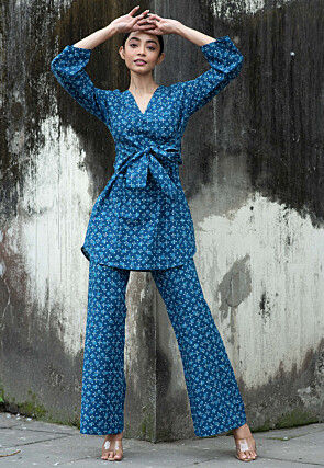 Printed Pure Cotton Co Ord Set in Navy Blue