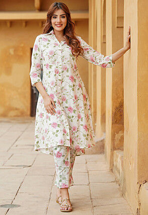 Printed Pure Cotton Co Ord Set in Off White