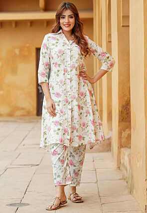 Printed Pure Cotton Co Ord Set in Off White