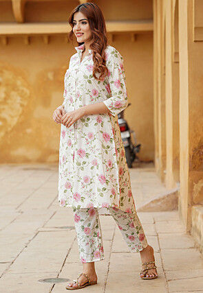Printed Pure Cotton Co Ord Set in Off White