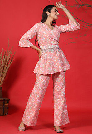 Printed Pure Cotton Co Ord Set in Peach Pink