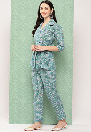 Printed Pure Cotton Co Ord Set in Teal Green