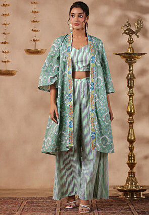 Printed Pure Cotton Crop Top Set in White and Green