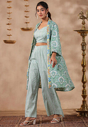 Printed Pure Cotton Crop Top Set in White and Green