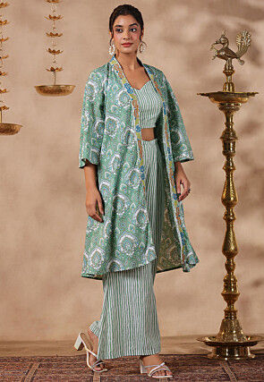 Printed Pure Cotton Crop Top Set in White and Green