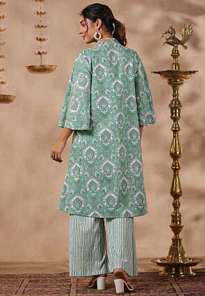 Printed Pure Cotton Crop Top Set in White and Green