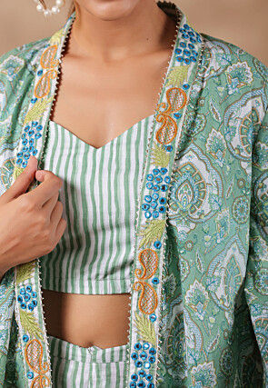 Printed Pure Cotton Crop Top Set in White and Green