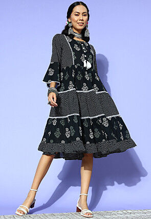Printed Pure Cotton Dress in Black