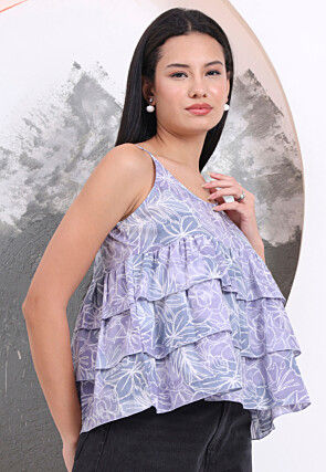 Printed Pure Cotton Flared Top in Grey and Light Purple
