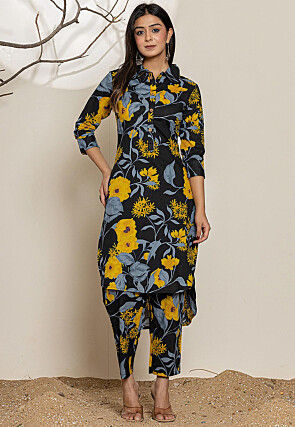 Printed Pure Cotton High Low Kurta Set in Black
