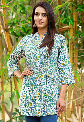 Printed Pure Cotton High Low Tunic in White