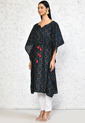 Printed Pure Cotton Kaftan in Dark Blue