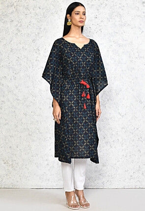 Printed Pure Cotton Kaftan in Dark Blue