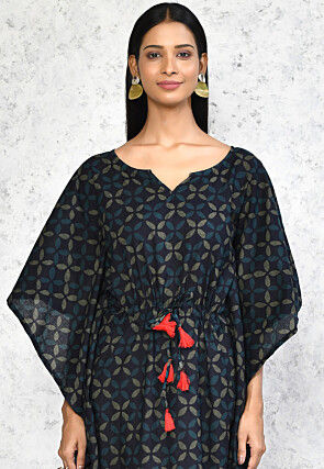 Printed Pure Cotton Kaftan in Dark Blue