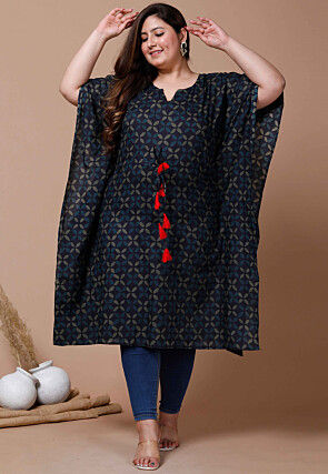 Printed Pure Cotton Kaftan in Navy Blue
