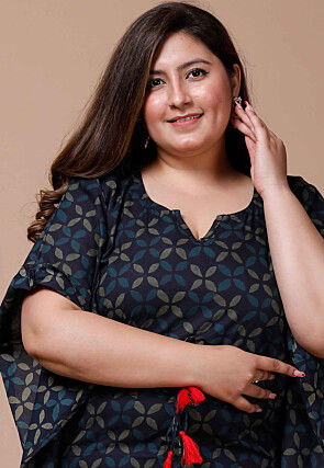 Printed Pure Cotton Kaftan in Navy Blue